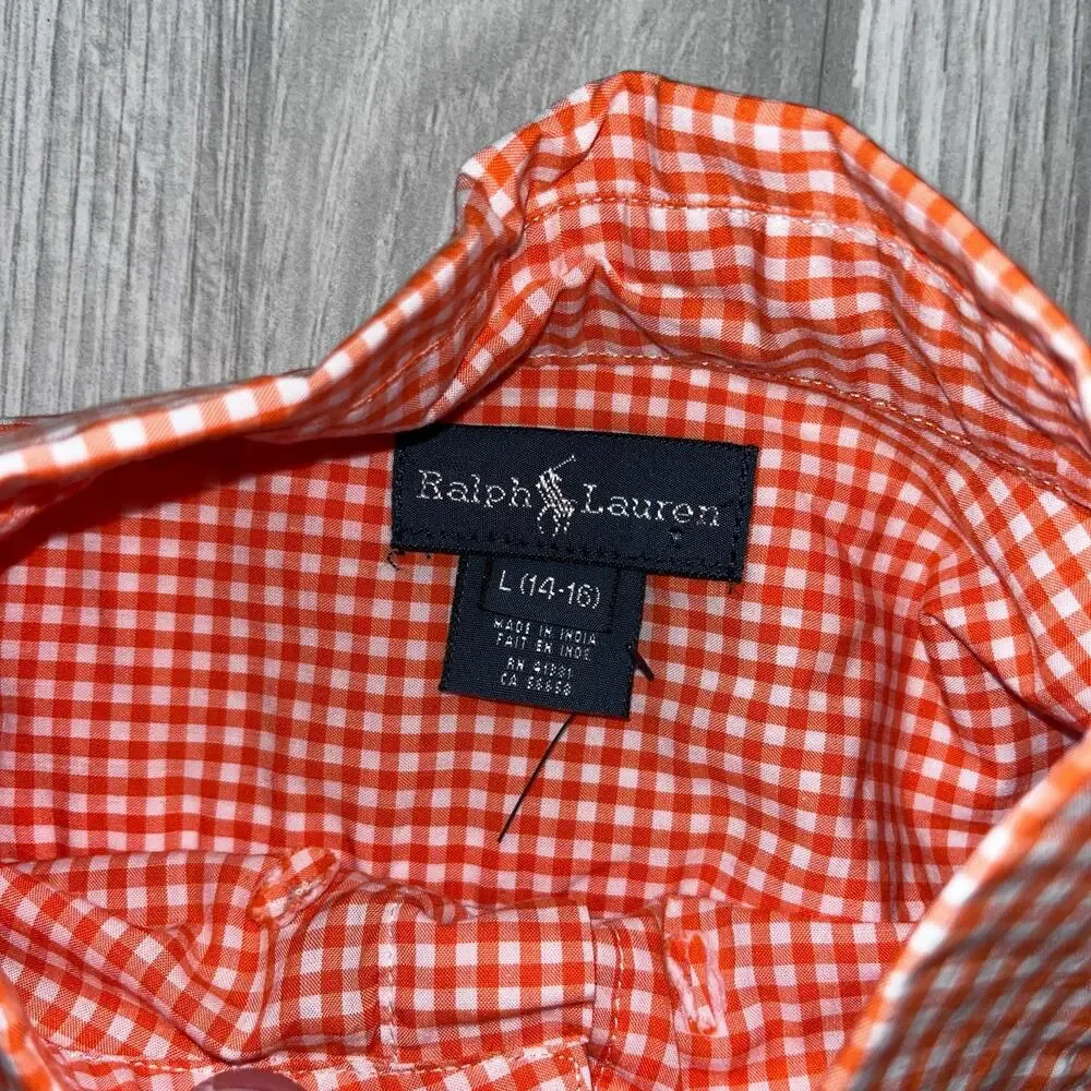 Ralph Lauren Boy's LG Orange & White Gingham Long Sleeve Dress Shirt